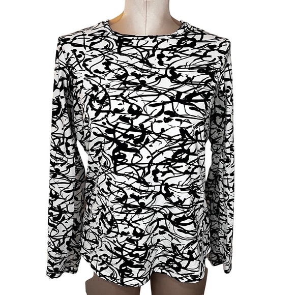IBKUL Tops - IBKUL Womens Black White Abstract Mesh Panel Long Sleeve Top Size M Pickleball